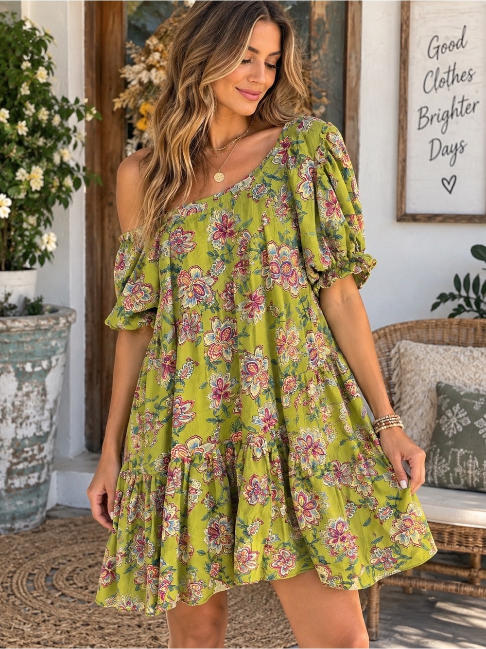 143 NWT Easel One-Shoulder Green Floral Swing Dress Oversized Medium